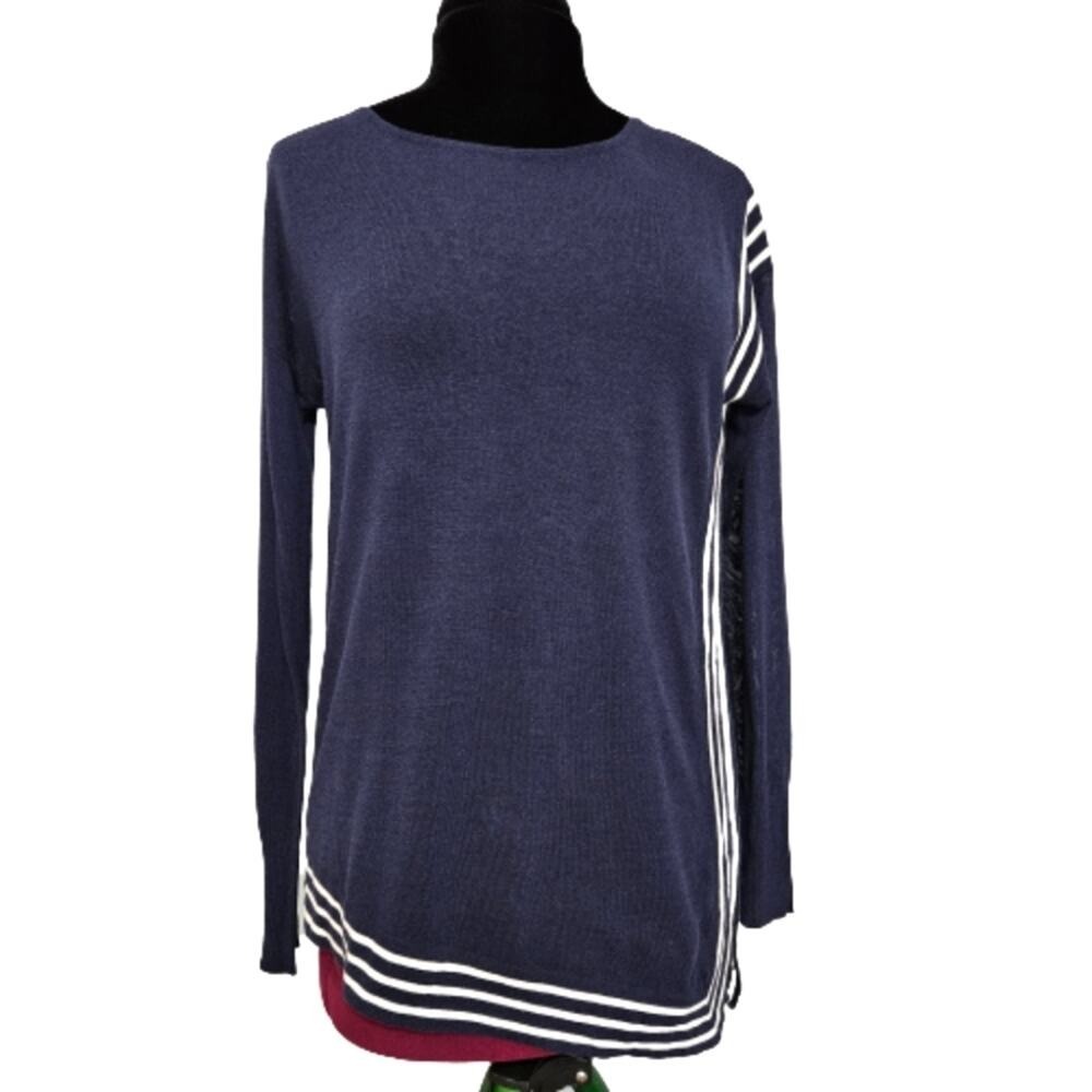 Foxcroft Navy Blue Asymmetrical Stripe Cotton Preppy Knit Sweater Small Nautical